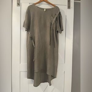 Olive Green Linen Asymmetrical Dress, made in Italy